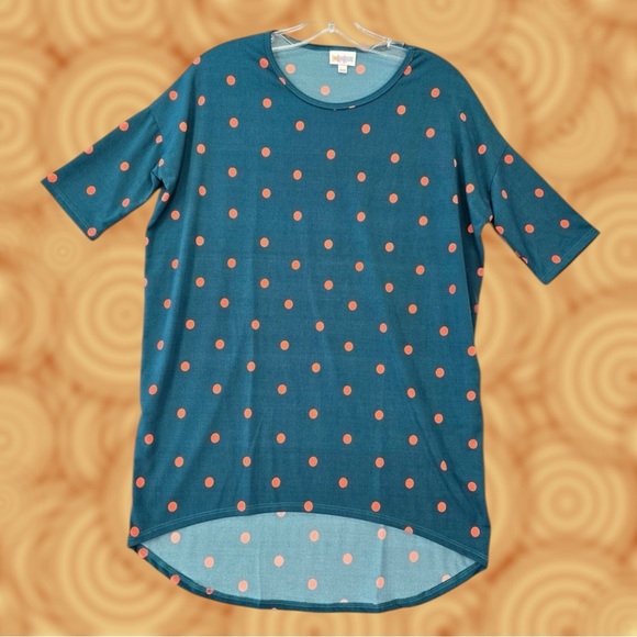 LuLaRoe Irma Stretch Tee Size XXS Dark Teal Green Orange Polka Dots Oversize Top - Picture 1 of 7